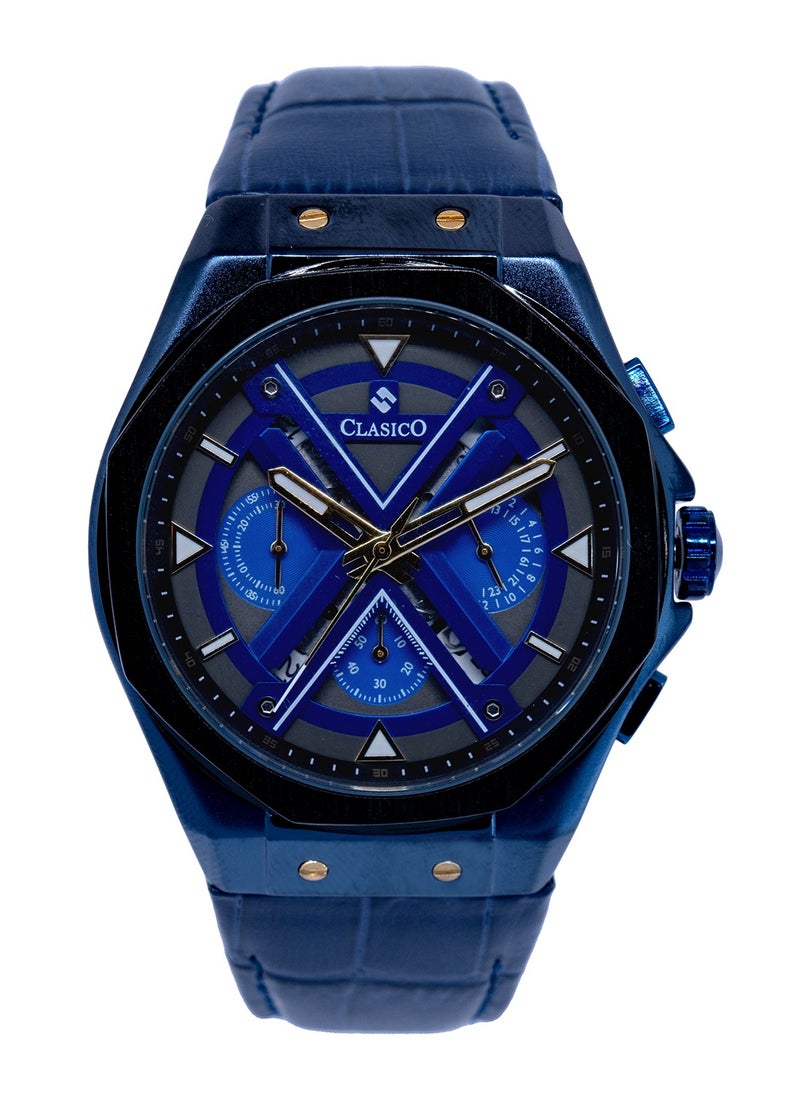 Grandeur 6-Hands Chronograph Watch – Royal Blue Chronograph Edition with Genuine Leather Strap – Elite Y121 Calibre Movement – Waterproof Design