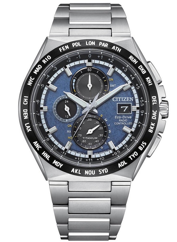 Eco-Drive Global Radio Controlled Mens Watch AT8238-84L – Dark Blue Dial with Silver-Tone Markers, Super Titanium Case with Duratect Coating, World-Time Function, 43mm, Eco-Drive, Radio-Controlled, Sapphire Crystal