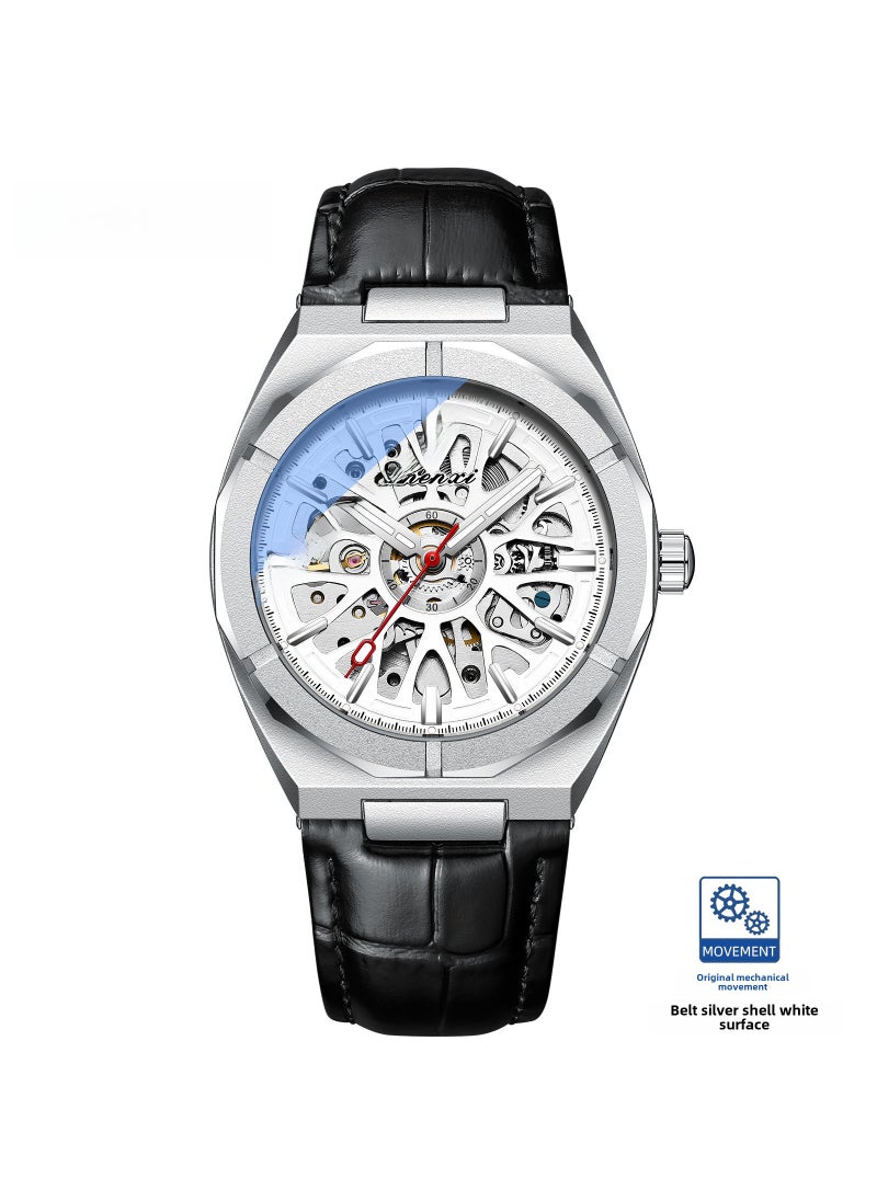 Sunrise Hollow Automatic Mens Mechanical WatchBelt style-white shell white flour Belt style-white shell white flour