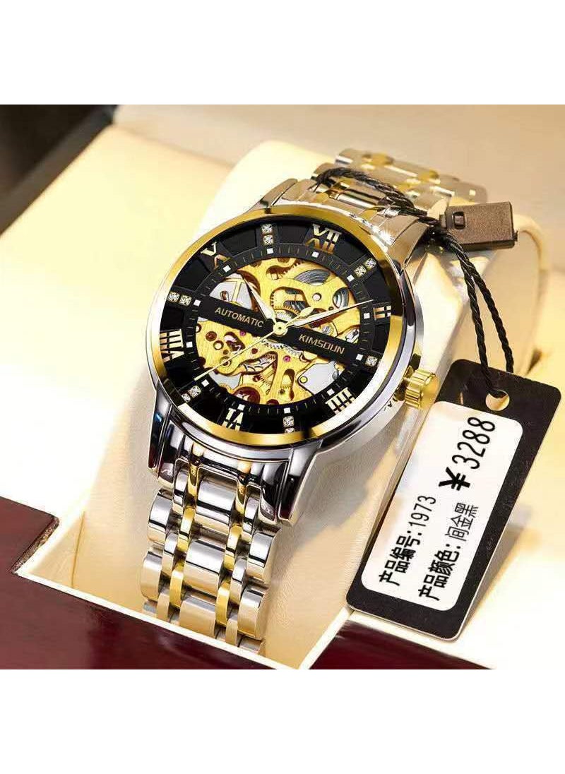New Mens Hollow Automatic Watch Calendar Waterproof Luminous Large DialHollow mechanical watch-gold black surface Hollow mechanical watch-gold black surface