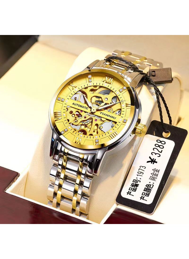 New Mens Hollow Automatic Watch Calendar Waterproof Luminous Large DialHollow mechanical watch-gold surface Hollow mechanical watch-gold surface