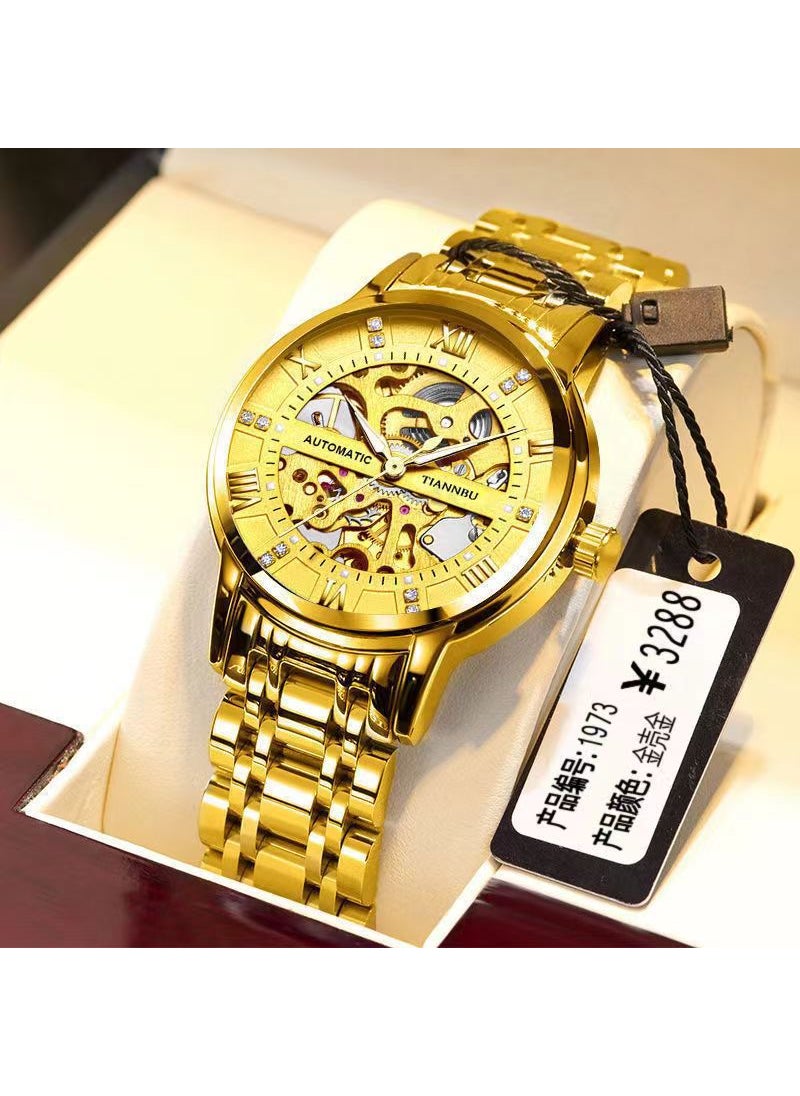 New Mens Hollow Automatic Watch Calendar Waterproof Luminous Large DialHollow mechanical watch-gold belt gold surface Hollow mechanical watch-gold belt gold surface