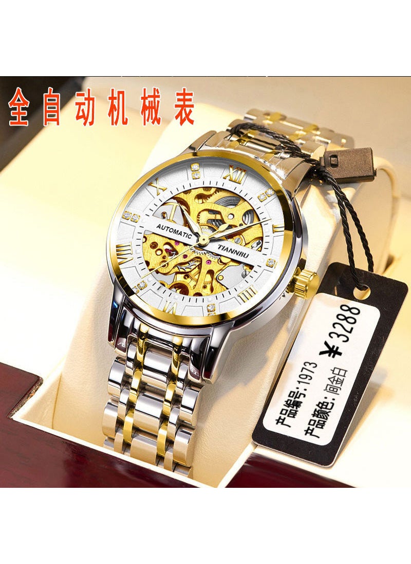 New Mens Hollow Automatic Watch Calendar Waterproof Luminous Large DialHollow mechanical watch-gold white surface Hollow mechanical watch-gold white surface