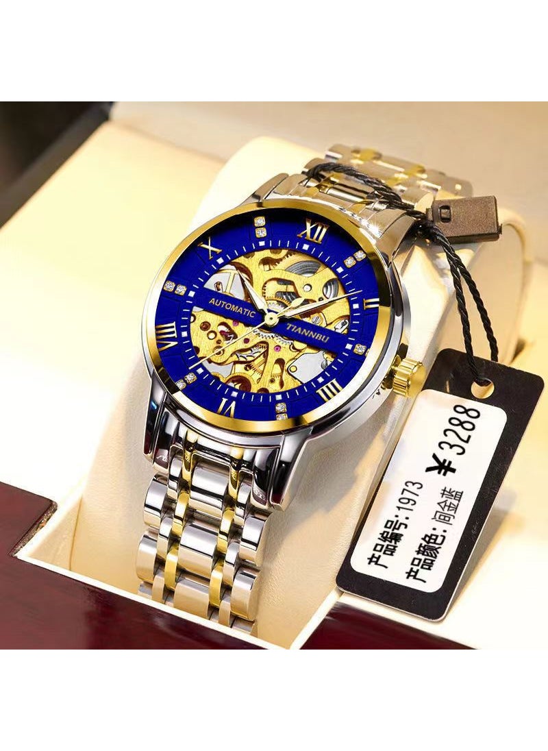 New Mens Hollow Automatic Watch Calendar Waterproof Luminous Large DialHollow mechanical watch-gold and blue surface Hollow mechanical watch-gold and blue surface