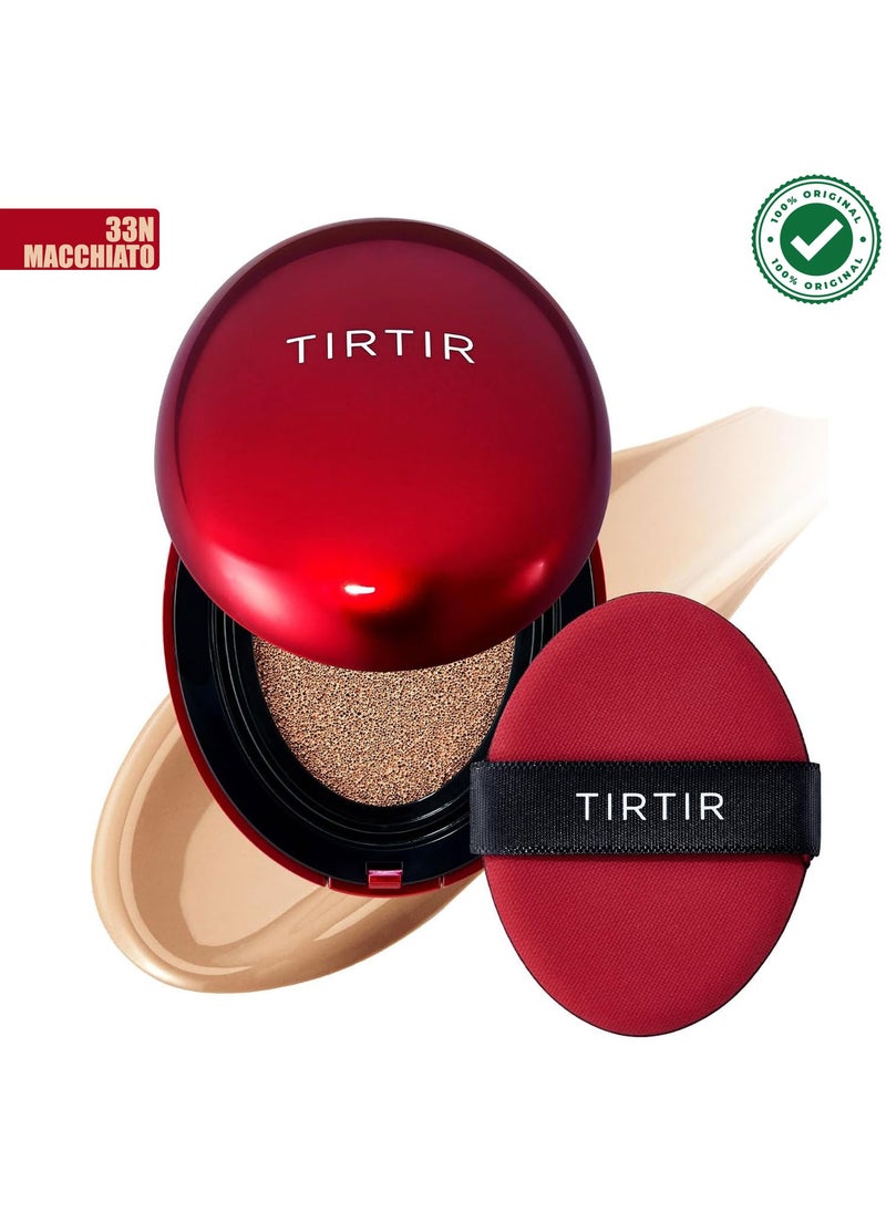 TIRTIR Mask Fit Red Cushion Foundation, Full coverage, Weightless, Skin Fit, Satin Glow Finish, Korean Makeup Cushion Foundation (#33N Macchiato, 0.63 Fl Oz)