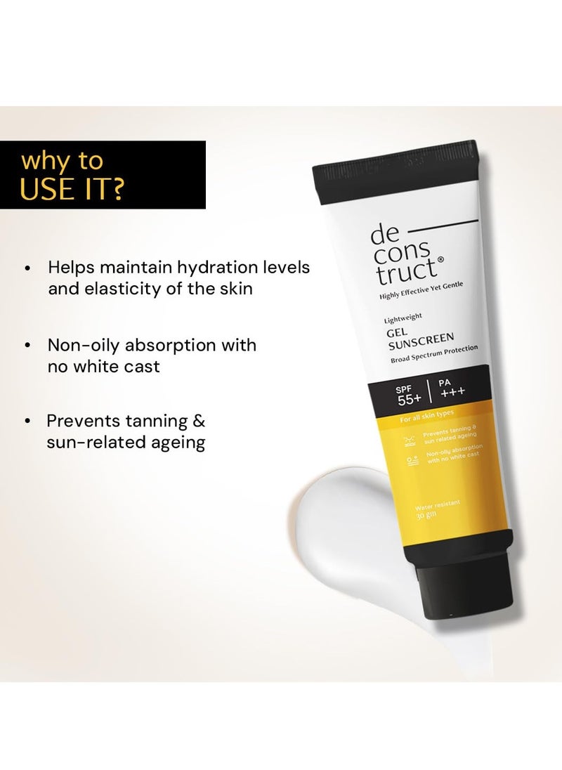 Deconstruct Face Gel Sunscreen SPF 50 + and PA+++ | Gel based sunscreen for oily, combination skin, normal skin | Broad spectrum sunscreen, No White Cast, Lightweight, Non greasy - 30gm