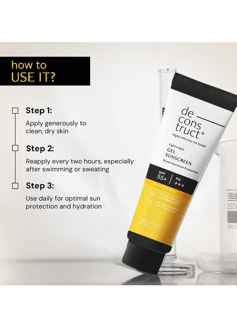 Deconstruct Face Gel Sunscreen SPF 50 + and PA+++ | Gel based sunscreen for oily, combination skin, normal skin | Broad spectrum sunscreen, No White Cast, Lightweight, Non greasy - 30gm