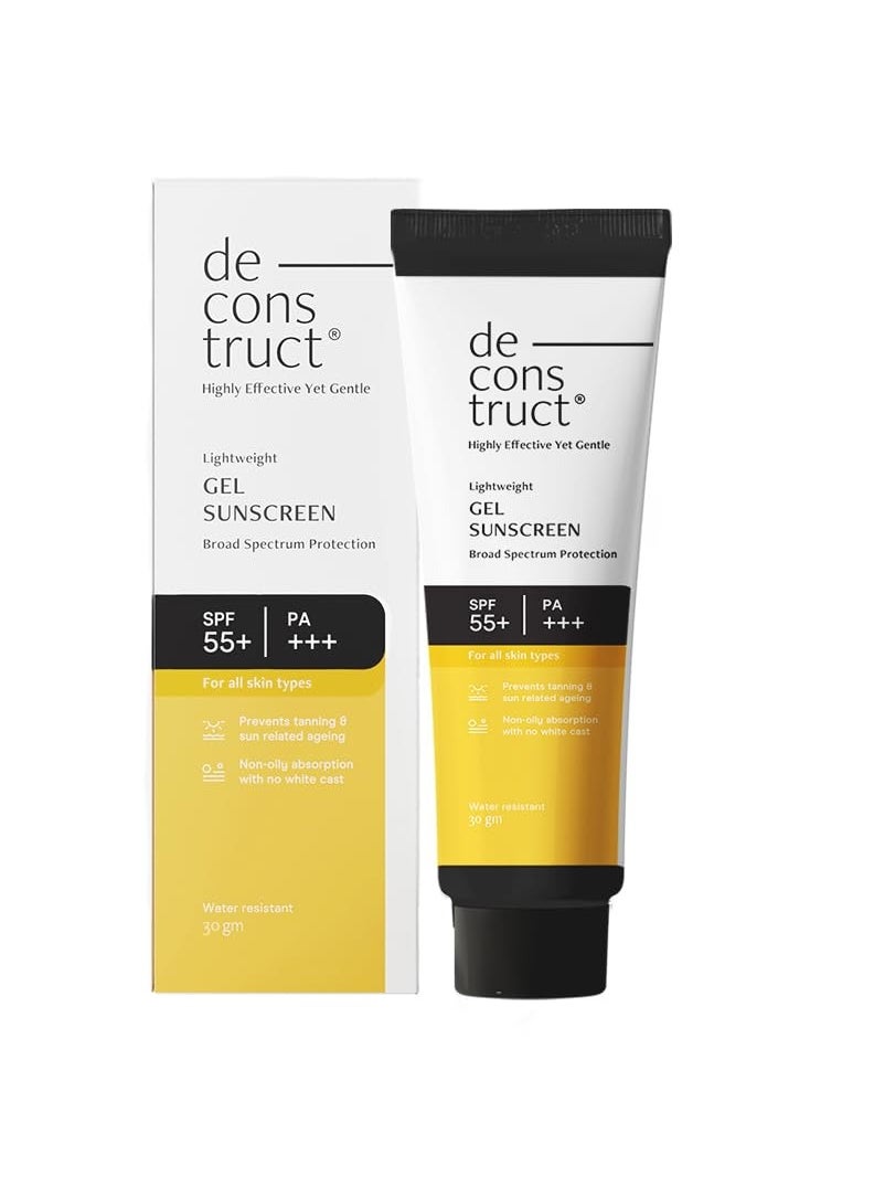 Deconstruct Face Gel Sunscreen SPF 50 + and PA+++ | Gel based sunscreen for oily, combination skin, normal skin | Broad spectrum sunscreen, No White Cast, Lightweight, Non greasy - 30gm
