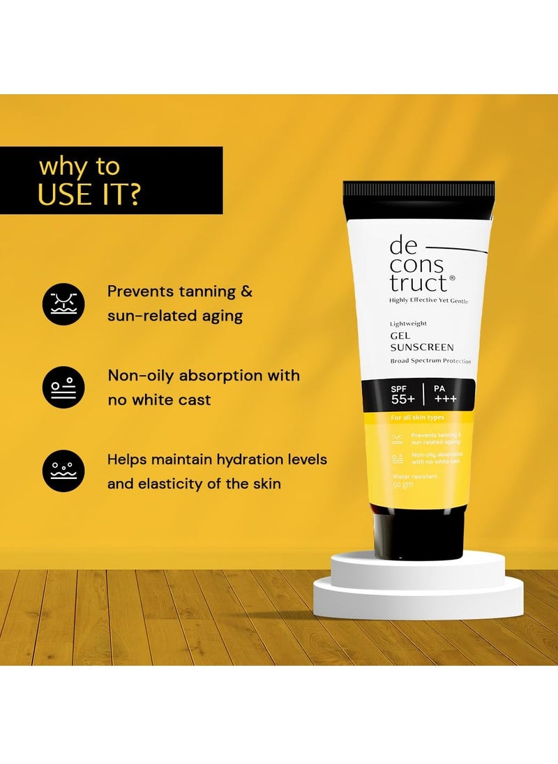Deconstruct Face Gel Sunscreen SPF 50 + and PA+++ | Gel based sunscreen for oily, combination, acne prone & normal skin| Broad spectrum sunscreen, No White Cast, Lightweight - 50g each, pack of 3