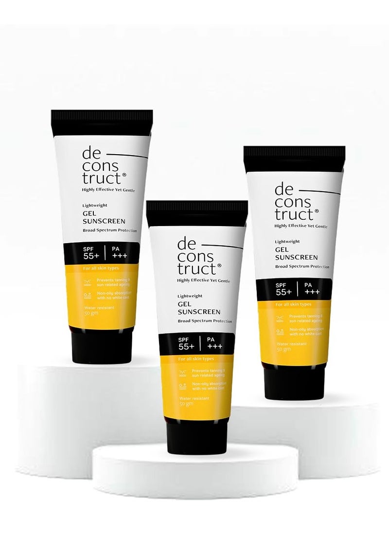 Deconstruct Face Gel Sunscreen SPF 50 + and PA+++ | Gel based sunscreen for oily, combination, acne prone & normal skin| Broad spectrum sunscreen, No White Cast, Lightweight - 50g each, pack of 3
