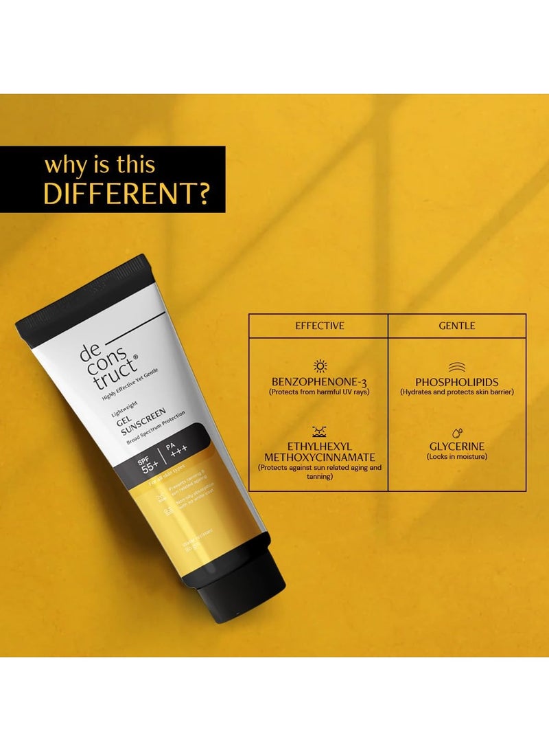 Deconstruct Face Gel Sunscreen SPF 50 + and PA+++ | Gel based sunscreen for oily, combination skin, normal skin | Broad spectrum sunscreen, No White Cast, Lightweight, Non greasy - 80g