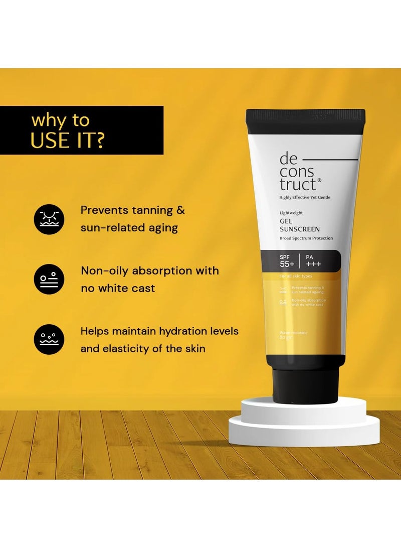 Deconstruct Face Gel Sunscreen SPF 50 + and PA+++ | Gel based sunscreen for oily, combination skin, normal skin | Broad spectrum sunscreen, No White Cast, Lightweight, Non greasy - 80g
