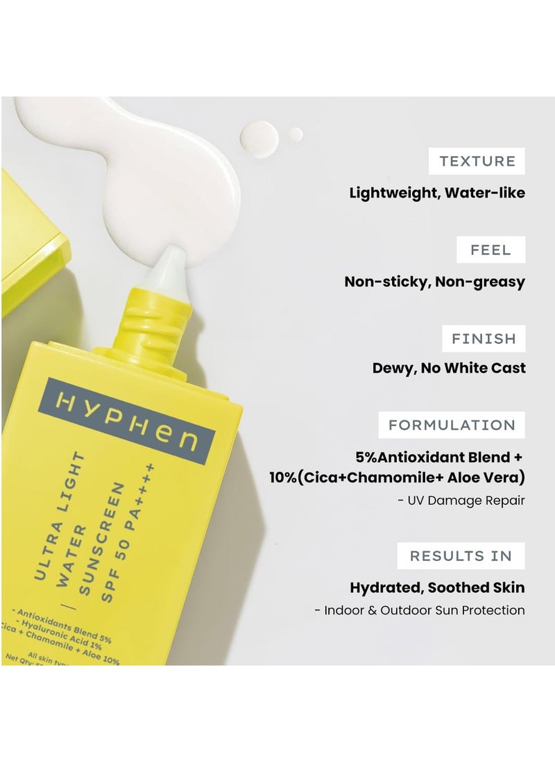 Hyphen 1% Hyaluronic Ultra Light Water Sunscreen SPF 50 PA ++++ | Broad Spectrum & Blue Light Protection | No White Cast | 5% Antioxidants Niacinamide Vitamin E | Korean Sun cream for Men Women | 50ml