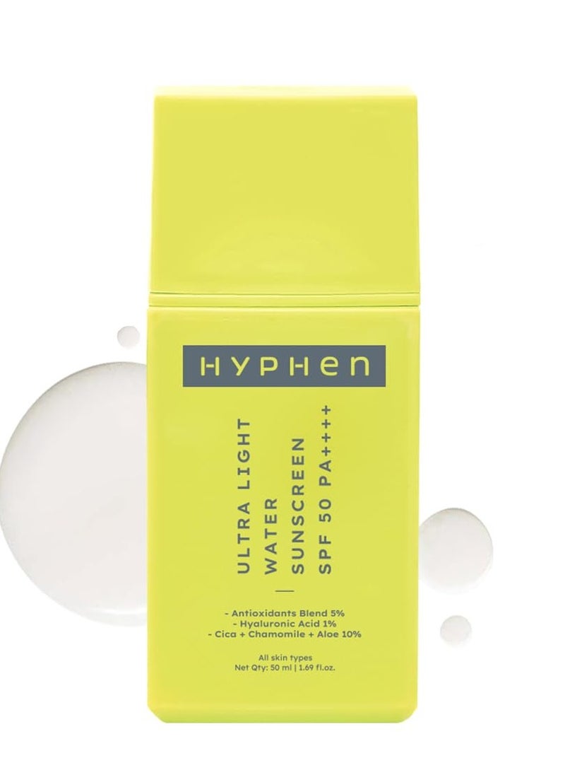 Hyphen 1% Hyaluronic Ultra Light Water Sunscreen SPF 50 PA ++++ | Broad Spectrum & Blue Light Protection | No White Cast | 5% Antioxidants Niacinamide Vitamin E | Korean Sun cream for Men Women | 50ml