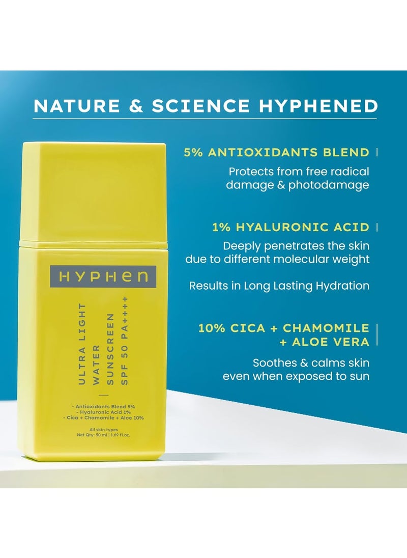 Hyphen 1% Hyaluronic Ultra Light Water Sunscreen SPF 50 PA ++++ | Broad Spectrum & Blue Light Protection | No White Cast | 5% Antioxidants Niacinamide Vitamin E | Korean Sun cream for Men Women | 50ml