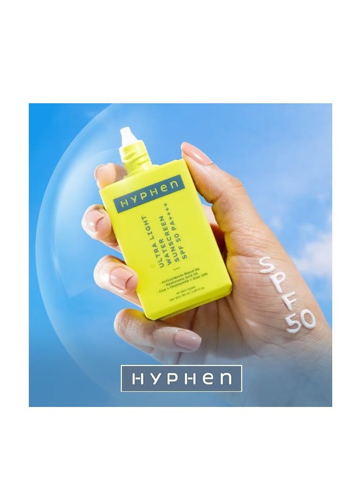 Hyphen 1% Hyaluronic Ultra Light Water Sunscreen SPF 50 PA ++++ | Broad Spectrum & Blue Light Protection | No White Cast | 5% Antioxidants Niacinamide Vitamin E | Korean Sun cream for Men Women | 50ml