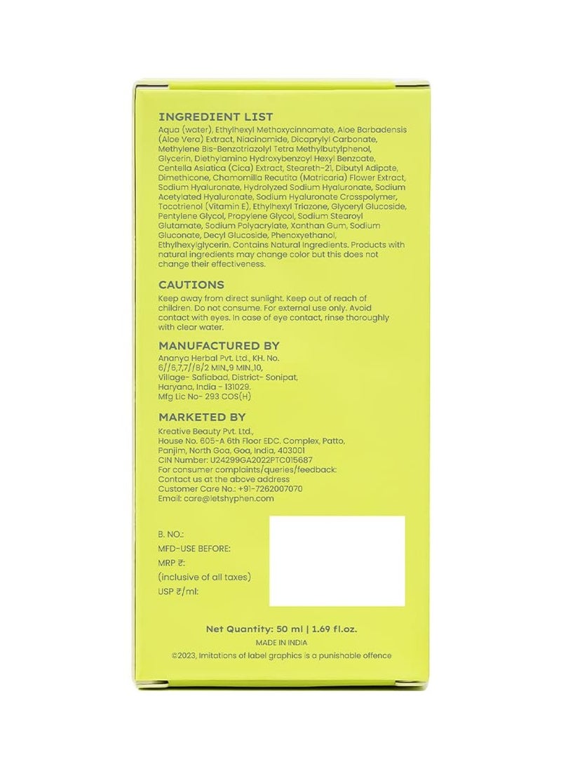 Hyphen 1% Hyaluronic Ultra Light Water Sunscreen SPF 50 PA ++++ | Broad Spectrum & Blue Light Protection | No White Cast | 5% Antioxidants Niacinamide Vitamin E | Korean Sun cream for Men Women | 50ml