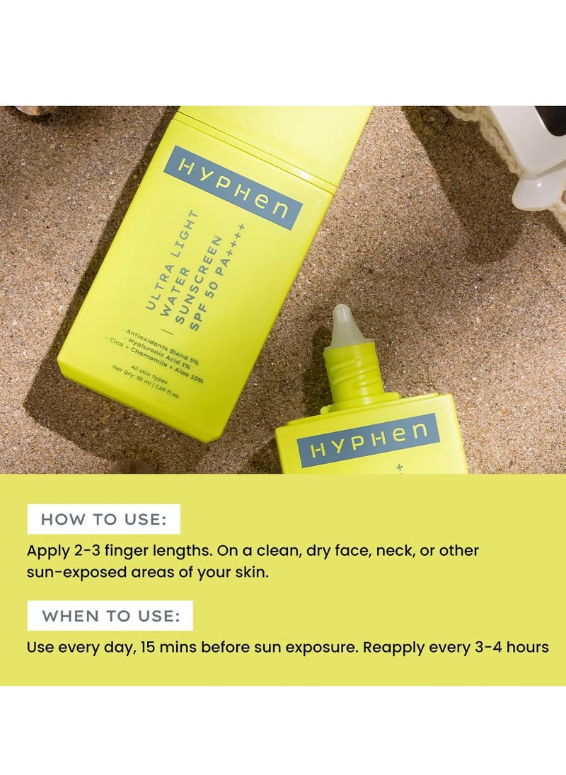 Hyphen 1% Hyaluronic Ultra Light Water Sunscreen SPF 50 PA ++++ | Broad Spectrum & Blue Light Protection | No White Cast | 5% Antioxidants Niacinamide Vitamin E | Korean Sun cream for Men Women | 50ml