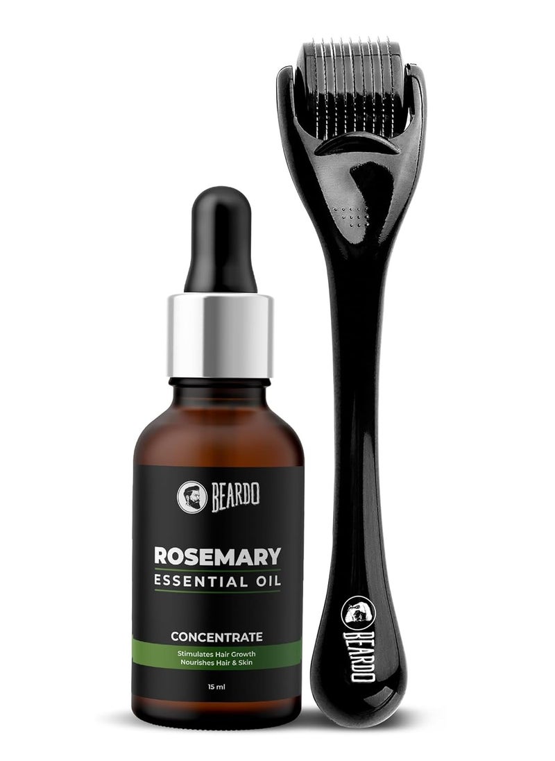 Beardo Rosemary Essential Oil, 15 ml & Derma Roller For Hair Growth 0.5 mm with 540 Chromium Needles | for Hair Growth, Hair fall and Regrowth | Skin Nourishment | 100% Natural | Aroma Oil