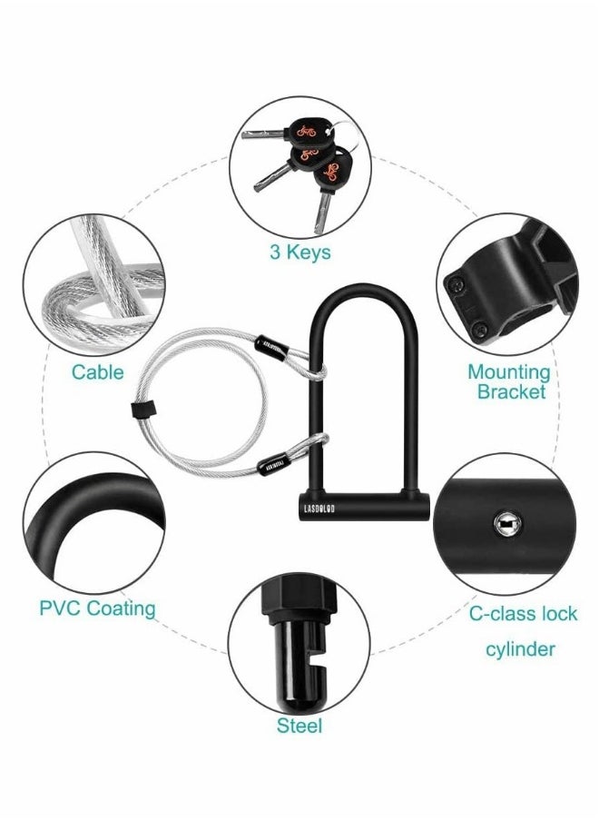 Heavy Duty U,Lock for Bikes with 4FT Steel Cable and Durable Mounting Bracket for Road and Mountain Bikes