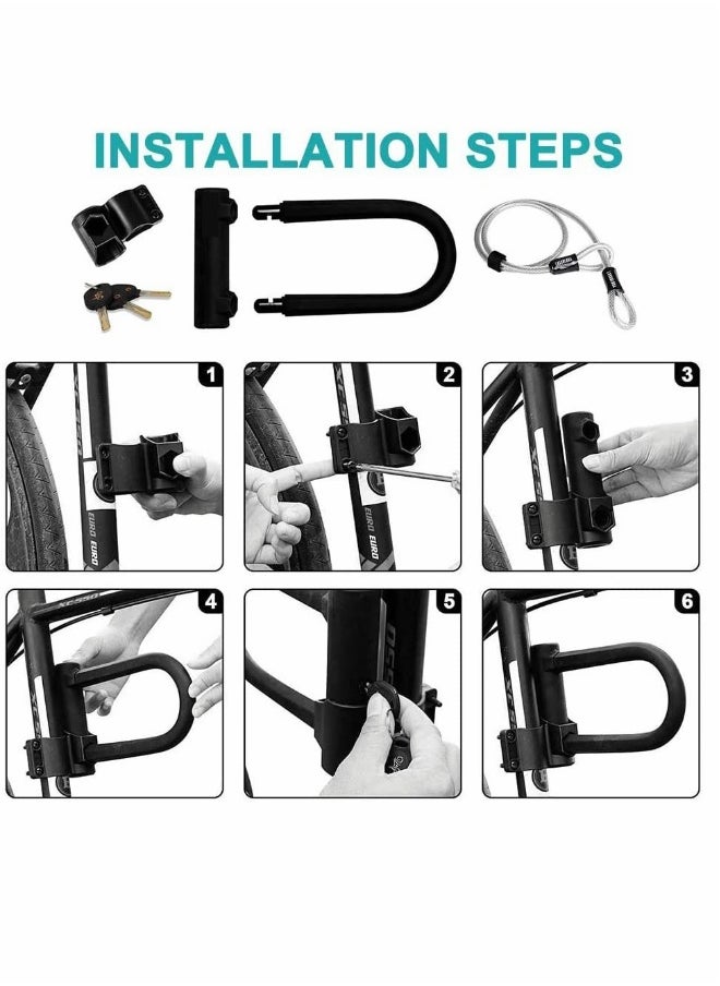 Heavy Duty U,Lock for Bikes with 4FT Steel Cable and Durable Mounting Bracket for Road and Mountain Bikes