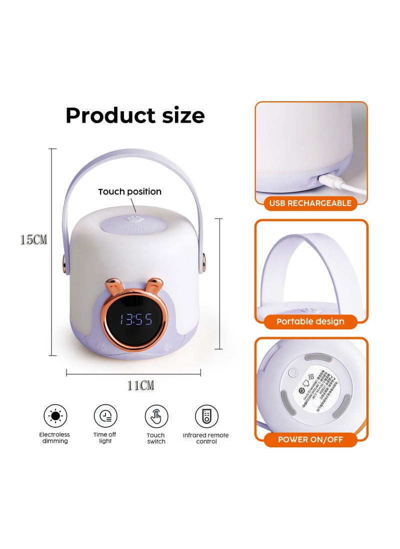 Kids Night Light with Clock Baby Lights for Nursery Portable Led Table Lamp Children Camping Room Breastfeeding Gifts Purple