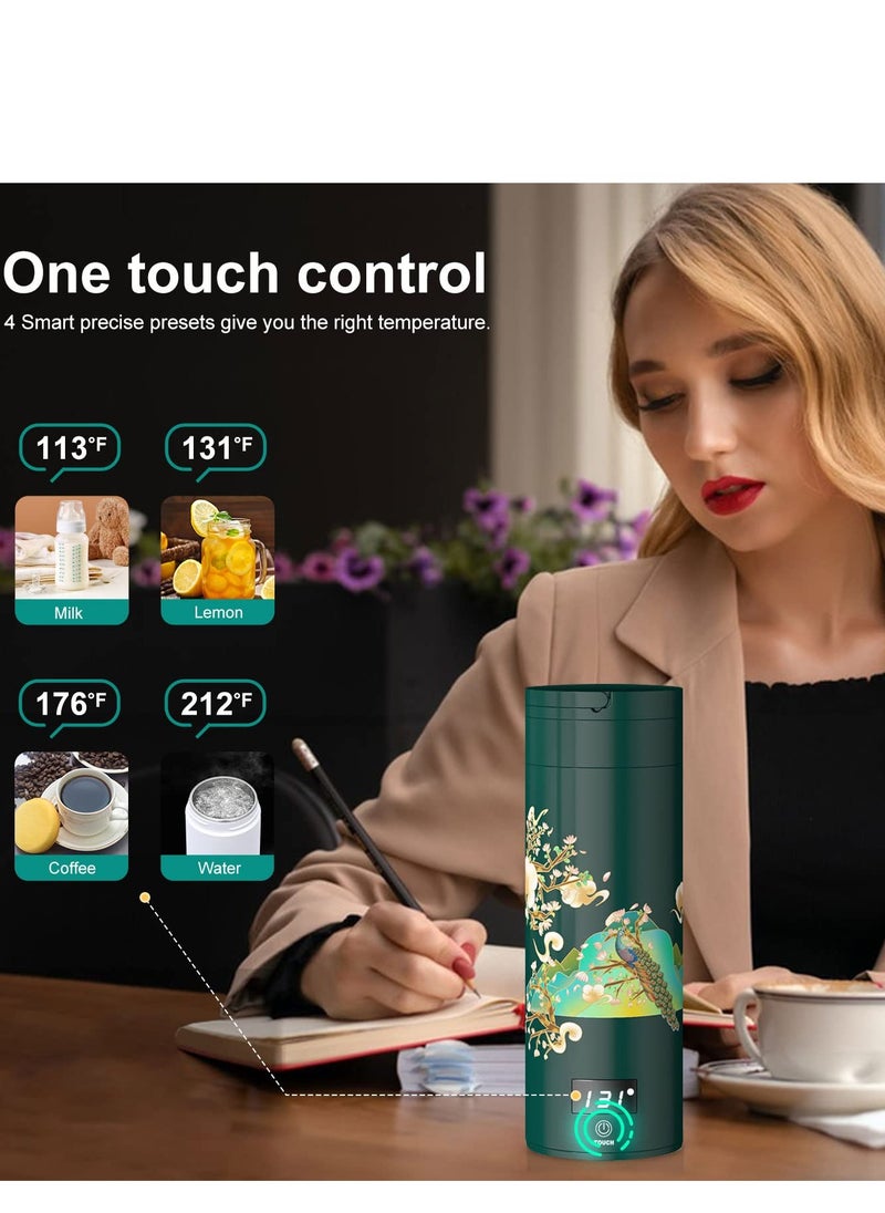 Portable Travel Kettle with 4 Temperature Settings Travel Electric Tea Kettle 304 Stainless Steel Personal Hot Water Boiler Auto Off Small Kettle for Travel and Coffee Gift Women Green Peacock