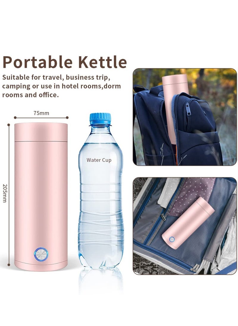 Portable Electric Kettle, 400ml Travel Tea Kettle with Non-stick Coating Double Wall Water Boiler Bottle Insulated Coffee Thermos Mug Fast Boil and Auto Shut Off Hot Water Heater (Pink)