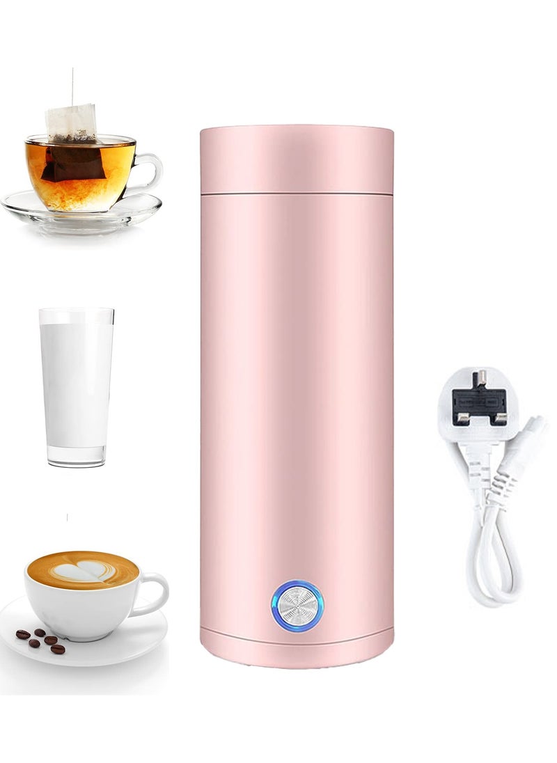 Portable Electric Kettle, 400ml Travel Tea Kettle with Non-stick Coating Double Wall Water Boiler Bottle Insulated Coffee Thermos Mug Fast Boil and Auto Shut Off Hot Water Heater (Pink)