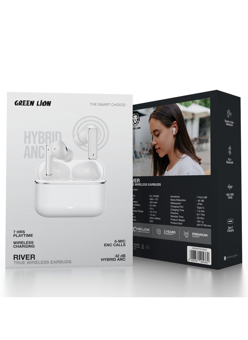 River True Wireless Earbuds ANC + ENC Clarity / Wireless Charging / Smart In-Ear Detection / Hands-Free Headphone / 6-Mic ENC Calls / In-Ear Headphones for Music, Calls & Gaming/Truewireless Headphones- White