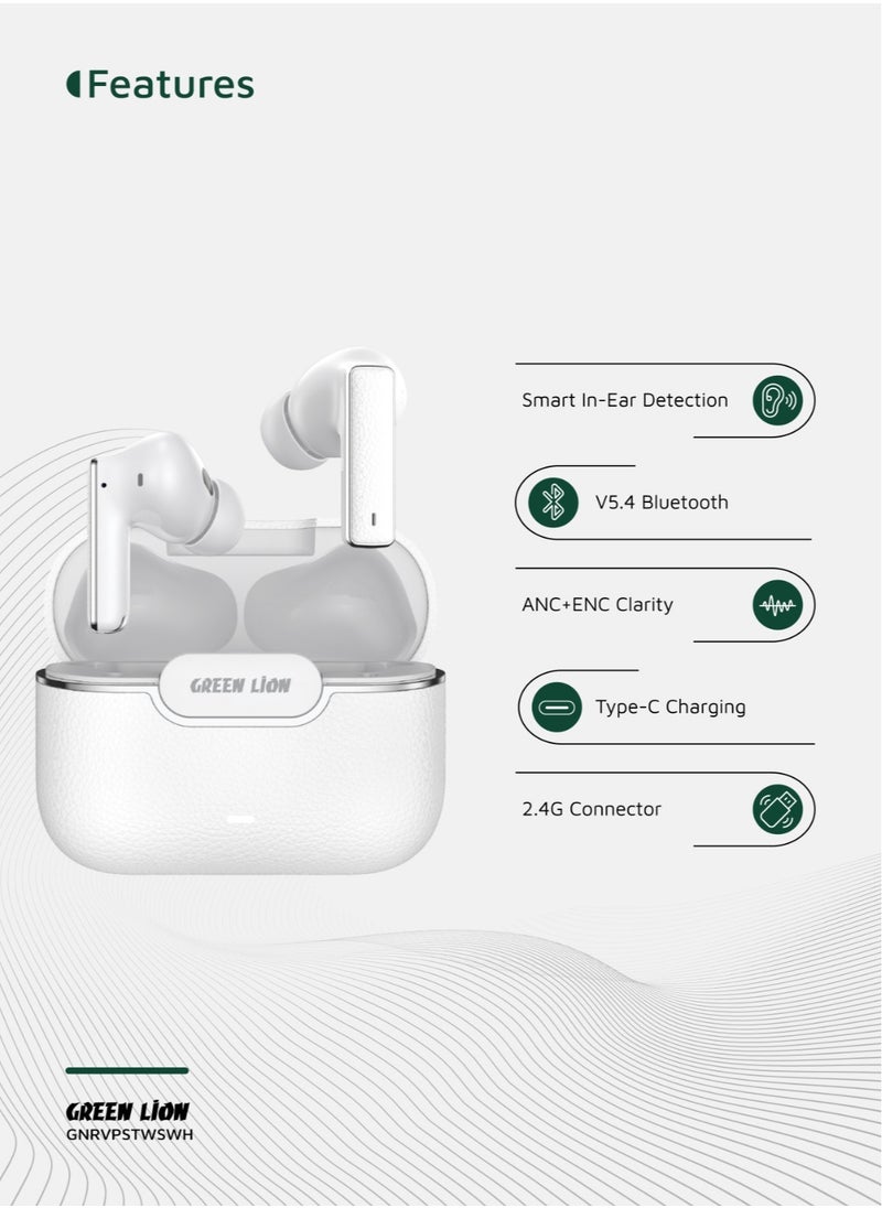 River Plus True Wireless Earbuds ANC + ENC Clarity and 2.4G Connector / Truewireless Headphones / Smart In-Ear Detection / Wireless Charging / Waterproof Earbuds / Hands-Free Headphone / 6-Mic ENC Calls / In-Ear Headphones for Music, Calls & Gaming - White