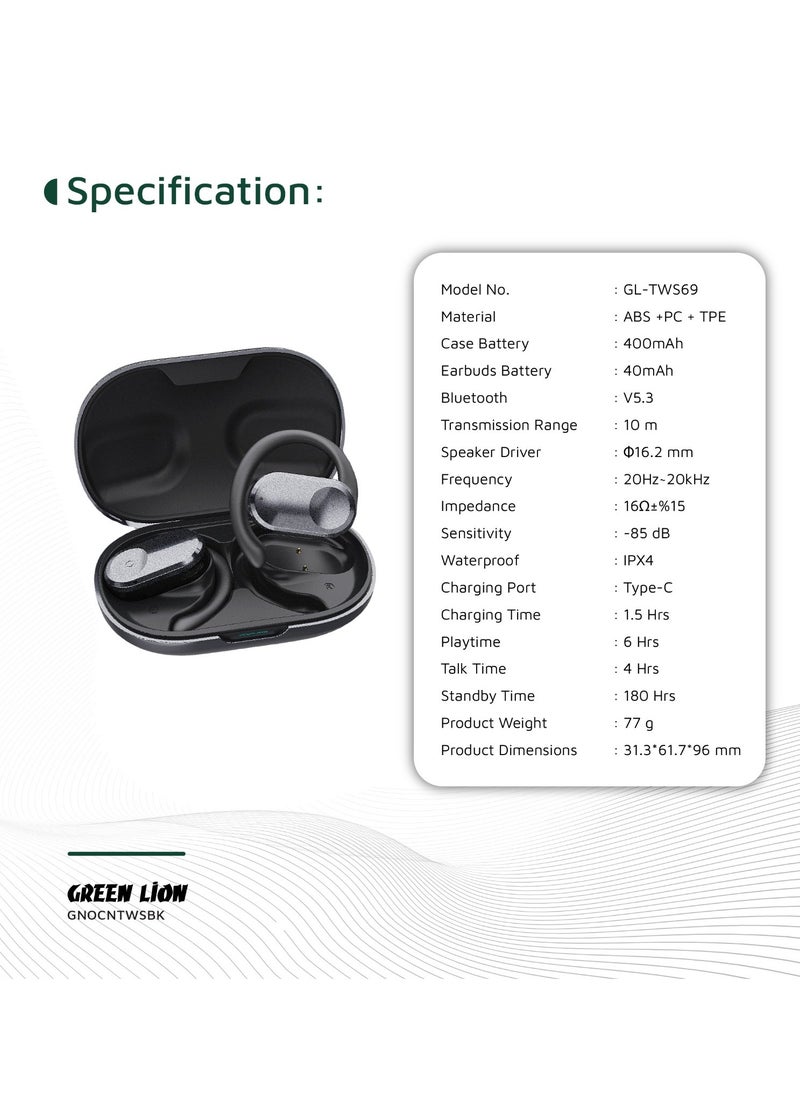 Ocean Open Ear Waterproof Headphones / 135° Free Rotation / Wireless Earbuds / Touch Control / Type-C Charging / 6 hrs Playtime / Hands-Free / Headphones for Gaming with Voice Assistant - Black