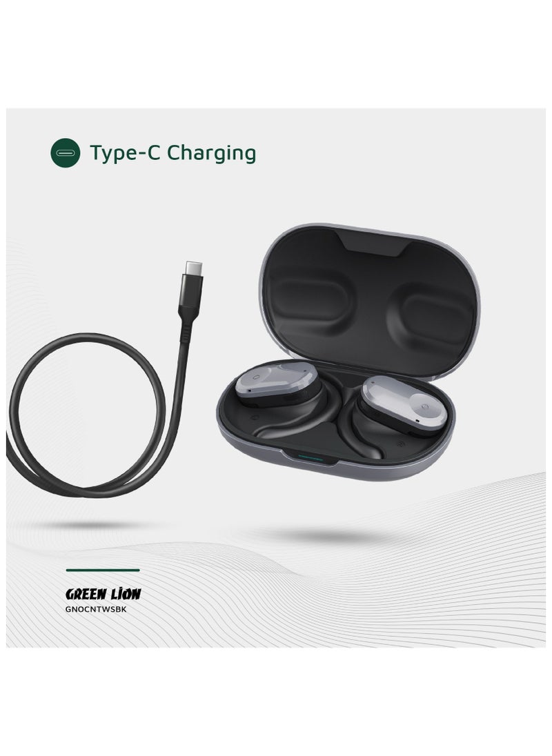 Ocean Open Ear Waterproof Headphones / 135° Free Rotation / Wireless Earbuds / Touch Control / Type-C Charging / 6 hrs Playtime / Hands-Free / Headphones for Gaming with Voice Assistant - Black