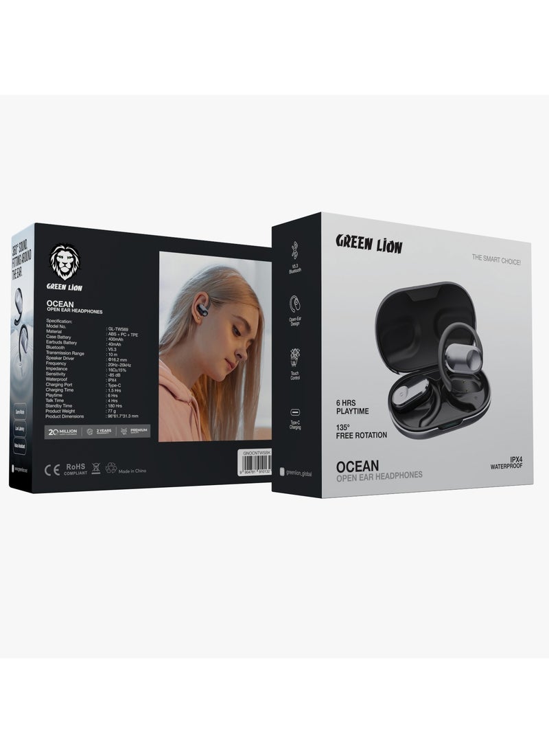 Ocean Open Ear Waterproof Headphones / 135° Free Rotation / Wireless Earbuds / Touch Control / Type-C Charging / 6 hrs Playtime / Hands-Free / Headphones for Gaming with Voice Assistant - Black