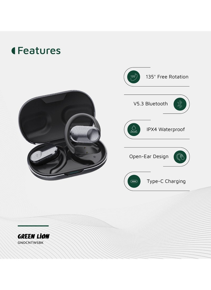 Ocean Open Ear Waterproof Headphones / 135° Free Rotation / Wireless Earbuds / Touch Control / Type-C Charging / 6 hrs Playtime / Hands-Free / Headphones for Gaming with Voice Assistant - Black