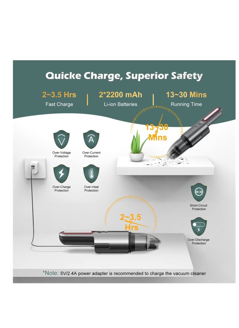 Portable Cordless Handheld Vacuum Cleaner, Strong Suction Car Vacuum Cordless Rechargeable Dust Buster, Mini Hand Held Vacuum Cleaner with LED, Hand Vacuum for Car, Home & Pet Hair - USB C