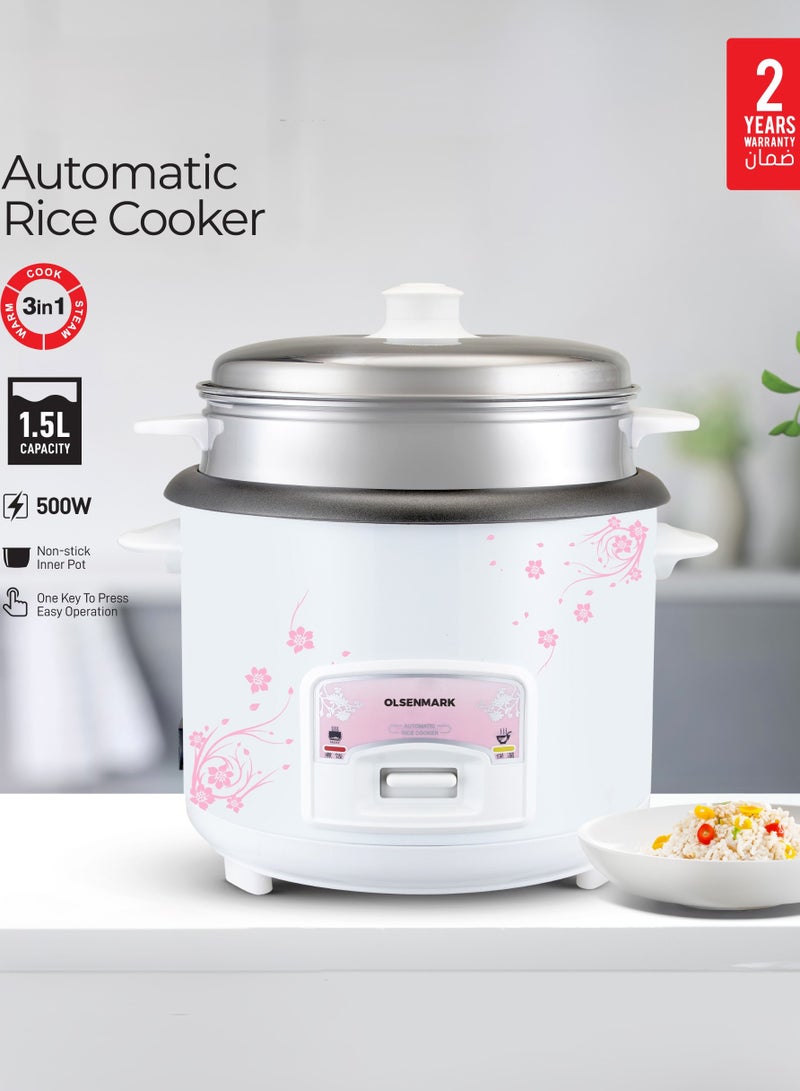 3 IN 1 Automatic Rice Cooker 500W - OMRC7026, 1.5L Capacity, Cook, Steam and Keep Warm, Aluminum Non-Stick Inner Pot 1.5 L 500 W OMRC7026 WHITE