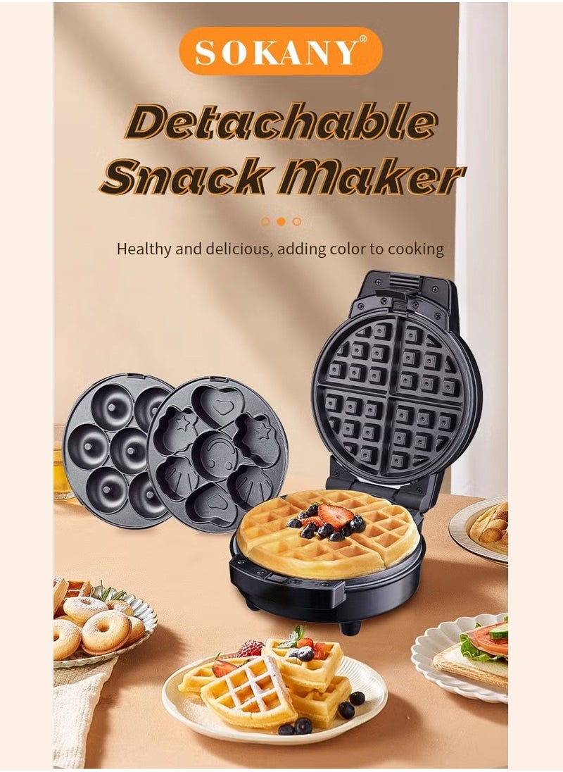 3-In-1 Non-Stick Snacks Maker with Waffle Plate/Cartoon Cake Plate/Doughnut Plate 600 W SK-08006 Black