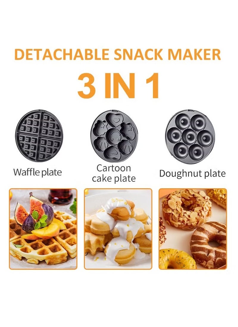 3-In-1 Non-Stick Snacks Maker with Waffle Plate/Cartoon Cake Plate/Doughnut Plate 600 W SK-08006 Black