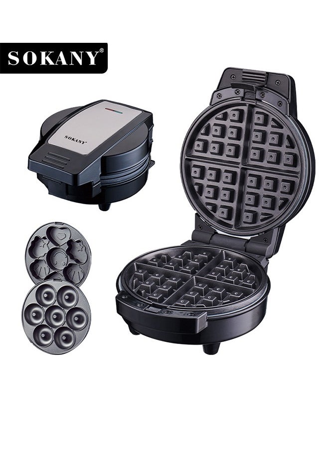 3-In-1 Non-Stick Snacks Maker with Waffle Plate/Cartoon Cake Plate/Doughnut Plate 600 W SK-08006 Black
