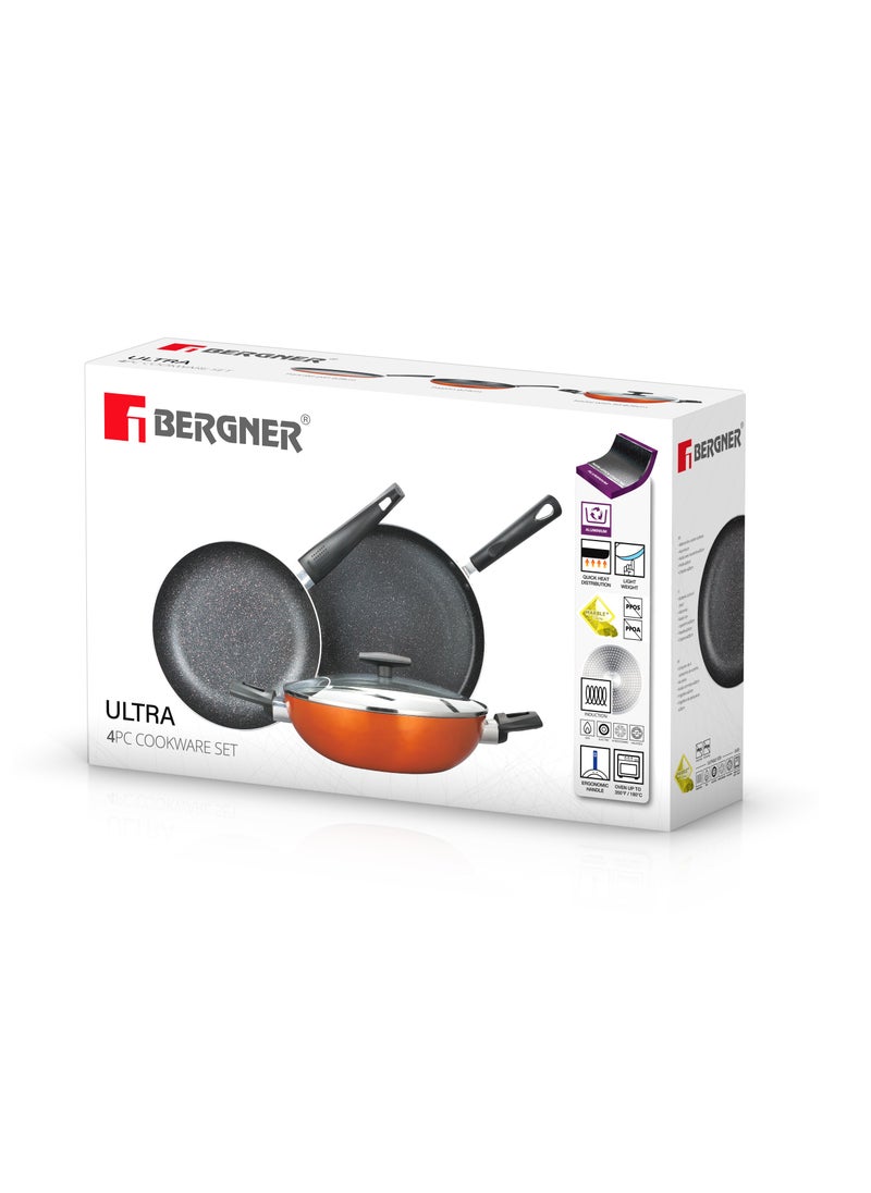 ULTRA 4PCS COOKWARE SET, PRESSED ALUMINUM COOKING SET, INDUCTION BOTTOM COOKWARE, MARBLE+ NON-STICK COATING COOKWARE POTS, SUITABLE FOR ALL STOVES, METALIC ORANGE COLOR, BG31305OR