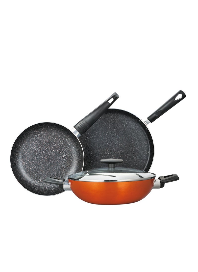 ULTRA 4PCS COOKWARE SET, PRESSED ALUMINUM COOKING SET, INDUCTION BOTTOM COOKWARE, MARBLE+ NON-STICK COATING COOKWARE POTS, SUITABLE FOR ALL STOVES, METALIC ORANGE COLOR, BG31305OR