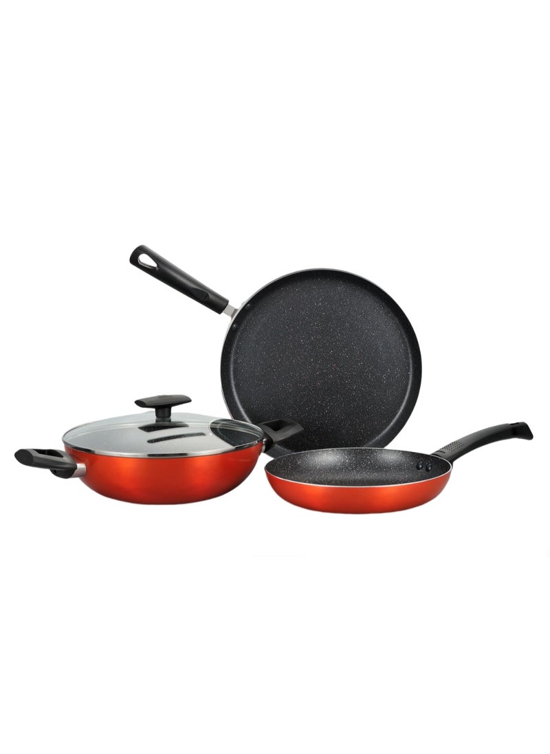 ULTRA 4PCS COOKWARE SET, PRESSED ALUMINUM COOKING SET, INDUCTION BOTTOM COOKWARE, MARBLE+ NON-STICK COATING COOKWARE POTS, SUITABLE FOR ALL STOVES, METALIC ORANGE COLOR, BG31305OR