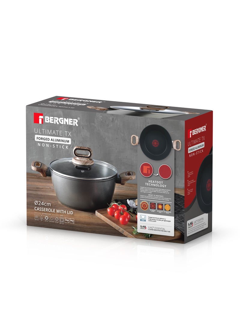 ULTIMATE TX FORGED ALUMINUM CASSEROLE + LID 24 CM WITH HEATDOT TECHNOLOGY, INDUCTION BOTTOM, GREY COLOR, BG36171GY