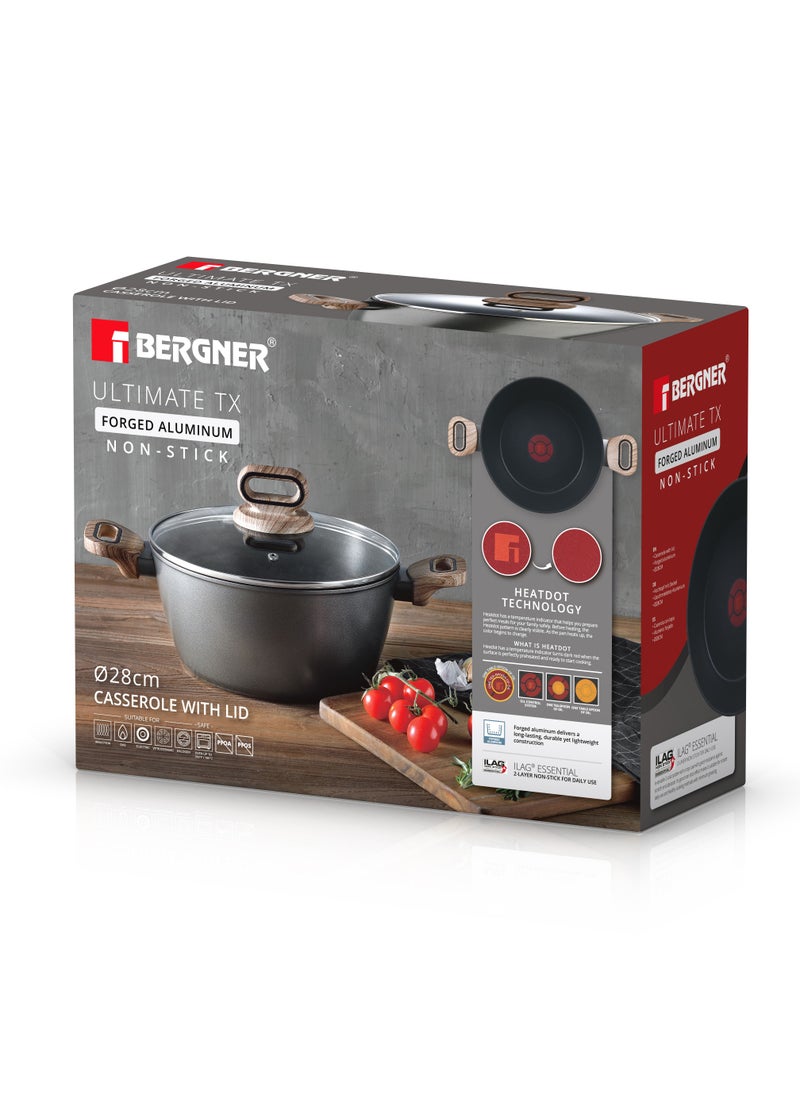 ULTIMATE TX FORGED ALUMINUM CASSEROLE + LID 28 CM WITH HEATDOT TECHNOLOGY, INDUCTION BOTTOM, GREY COLOR, BG36173GY