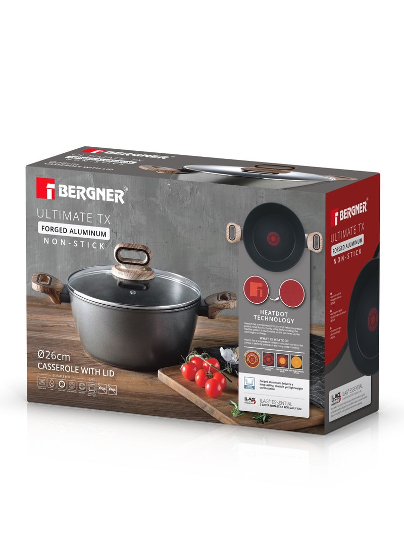 ULTIMATE TX FORGED ALUMINUM CASSEROLE + LID 26 CM WITH HEATDOT TECHNOLOGY, INDUCTION BOTTOM, GREY COLOR, BG36172GY