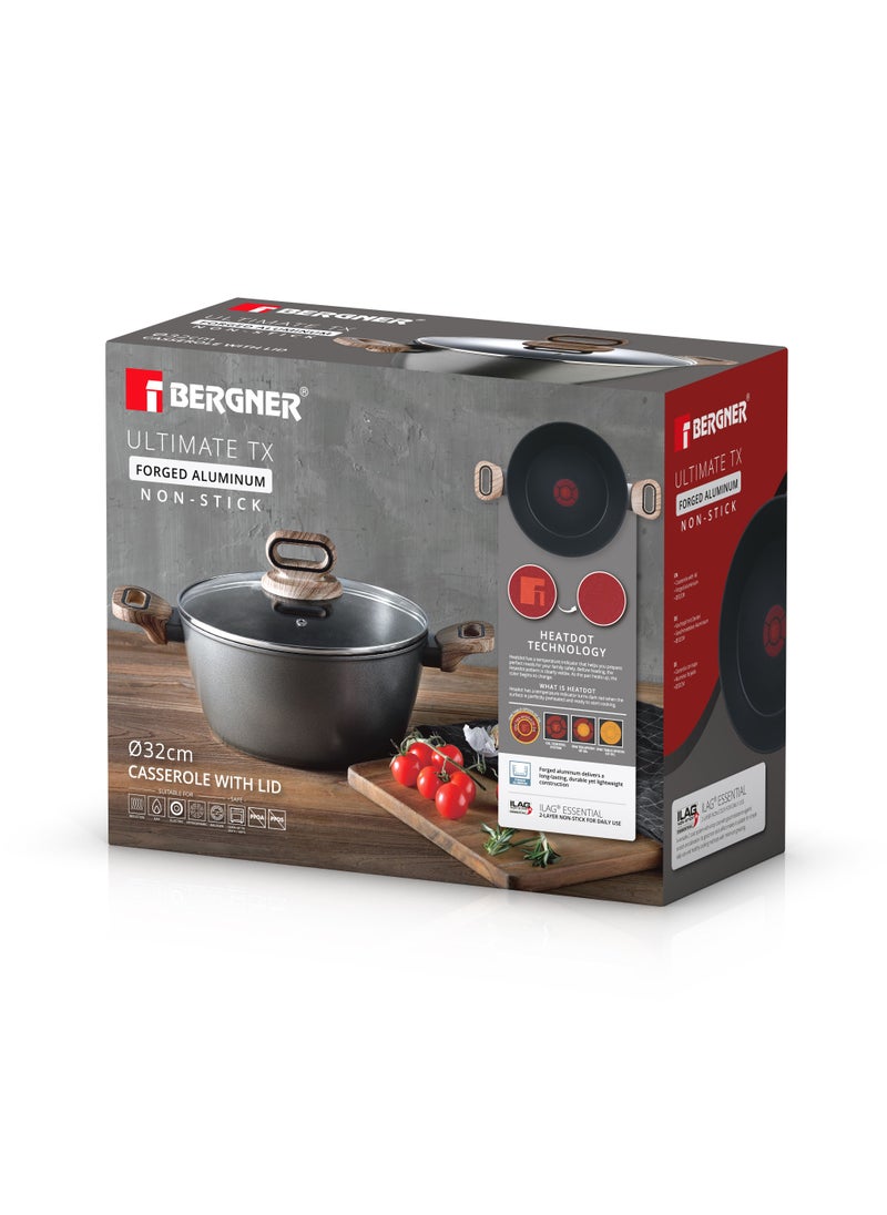 ULTIMATE TX FORGED ALUMINUM CASSEROLE + LID 32 CM WITH HEATDOT TECHNOLOGY, INDUCTION BOTTOM, GREY COLOR, BG36175GY