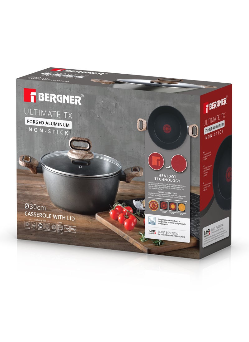 ULTIMATE TX FORGED ALUMINUM CASSEROLE + LID 30 CM WITH HEATDOT TECHNOLOGY, INDUCTION BOTTOM, GREY COLOR, BG36174GY