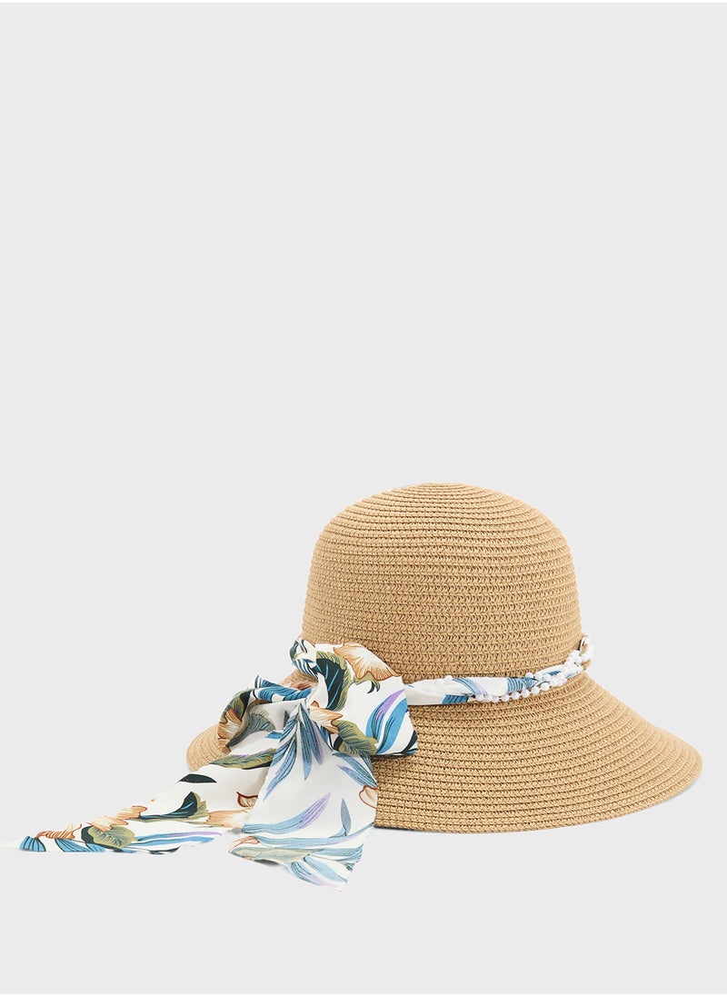 Scarf Detail Wide Brim Hat