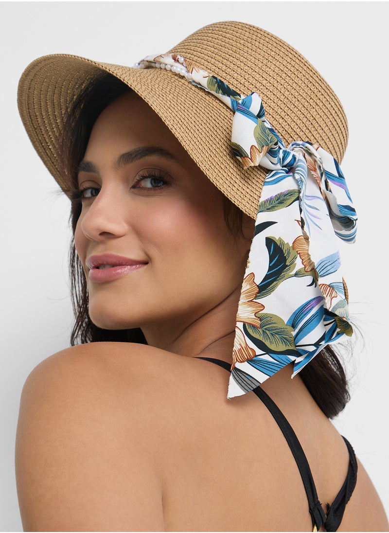 Scarf Detail Wide Brim Hat
